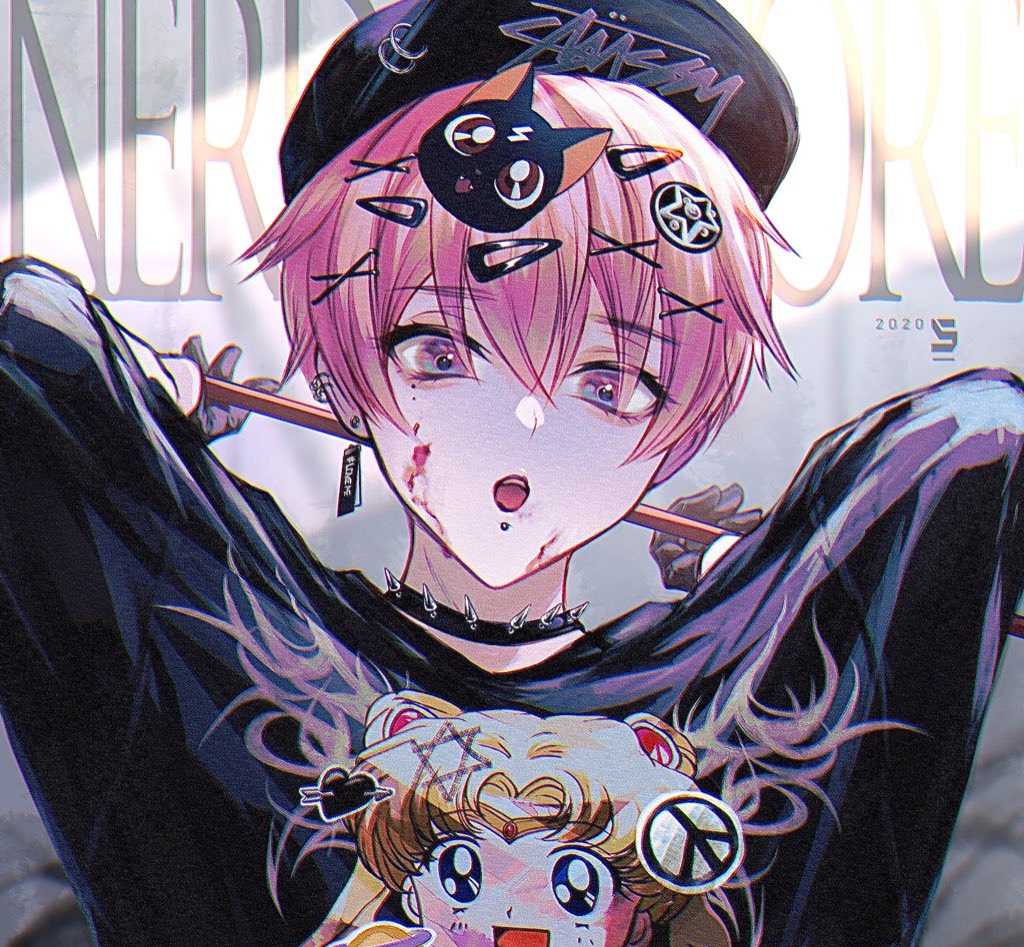 1boy aki_(xxparadexx) androgynous choker collar ear_piercing earrings hair_ornament hairclip hat jewelry long_sleeves looking_at_viewer luna_(sailor_moon) original pale_skin piercing pink_hair sailor_moon spiked_collar spikes violet_eyes