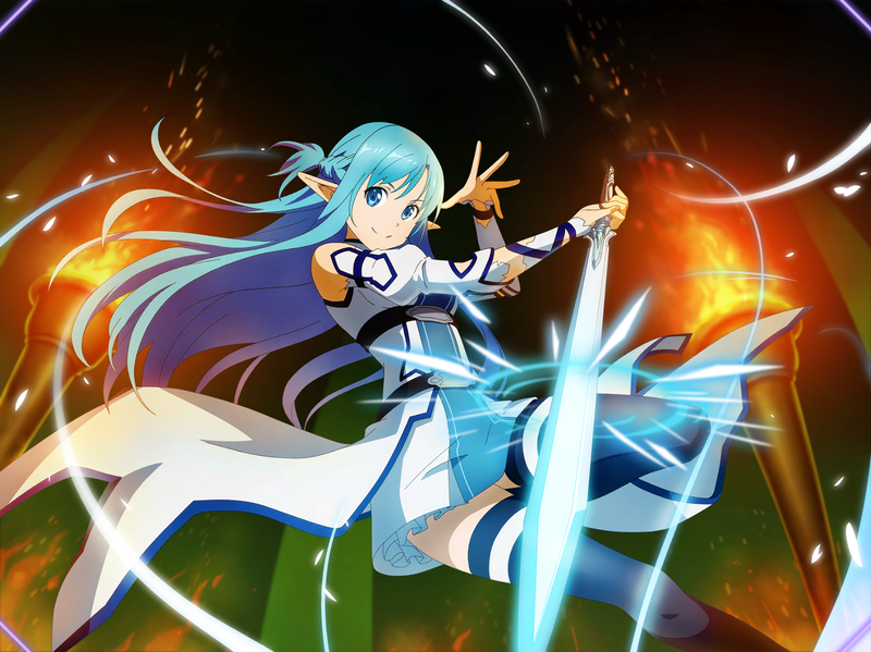 1girl asuna_(sao-alo) blue_eyes blue_hair blue_legwear braid closed_mouth detached_sleeves floating_hair french_braid game_cg holding holding_sword holding_weapon long_hair miniskirt pointy_ears shiny shiny_hair skirt smile solo sword sword_art_online sword_art_online:_alicization_rising_steel thigh-highs thigh_strap very_long_hair waist_cape weapon white_skirt white_sleeves