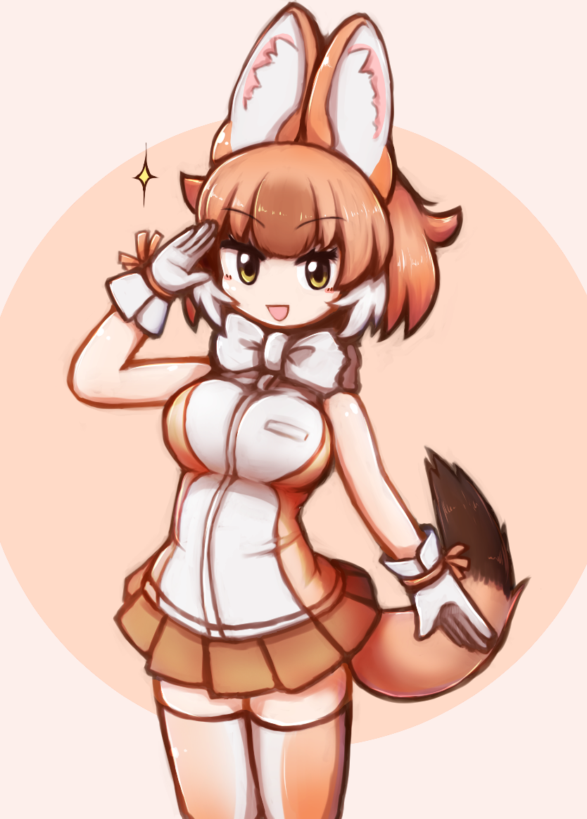 1girl animal_ears aticotta blush bow bowtie breasts brown_eyes brown_hair brown_legwear brown_skirt dhole_(kemono_friends) eyebrows_visible_through_hair gloves kemono_friends large_breasts looking_at_viewer multicolored_hair open_mouth pleated_skirt salute short_hair skirt smile solo tail thigh-highs white_bow white_bowtie white_gloves white_hair