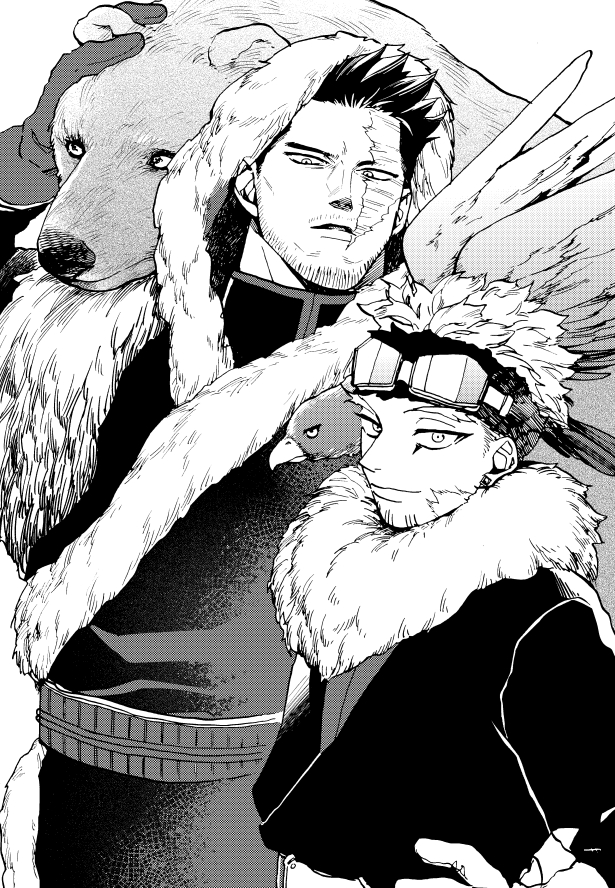 2boys animal_on_shoulder bear beard belt bird bird_on_shoulder boku_no_hero_academia burn_scar eagle earrings endeavor_(boku_no_hero_academia) eyewear_on_headwear facial_hair facial_mark feathered_wings fur-trimmed_jacket fur_collar fur_trim gloves goatee greyscale hand_on_another's_head hawk hawks_(boku_no_hero_academia) head_on_another's_shoulder headband height_difference jacket jewelry looking_at_viewer male_focus monochrome multiple_boys mustache scar scar_across_eye scar_on_cheek scar_on_face scar_on_mouth shaku_po short_hair sideburns size_difference spiky_hair stud_earrings very_short_hair wings winter_clothes