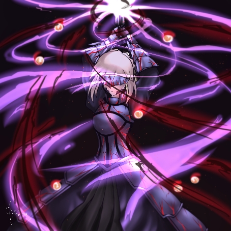 1girl absurdres artoria_pendragon_(all) artoria_pendragon_(fate) bangs black_dress black_ribbon blonde_hair braid closed_mouth commentary_request dark_excalibur dress excalibur_morgan_(fate) fate/grand_order fate/stay_night fate_(series) french_braid from_below gothic_lolita hair_bun highres holding holding_sword holding_weapon juliet_sleeves kyou_(pixiv54133131) lolita_fashion long_sleeves looking_at_viewer puffy_sleeves ribbon saber_alter sidelocks sword weapon yellow_eyes