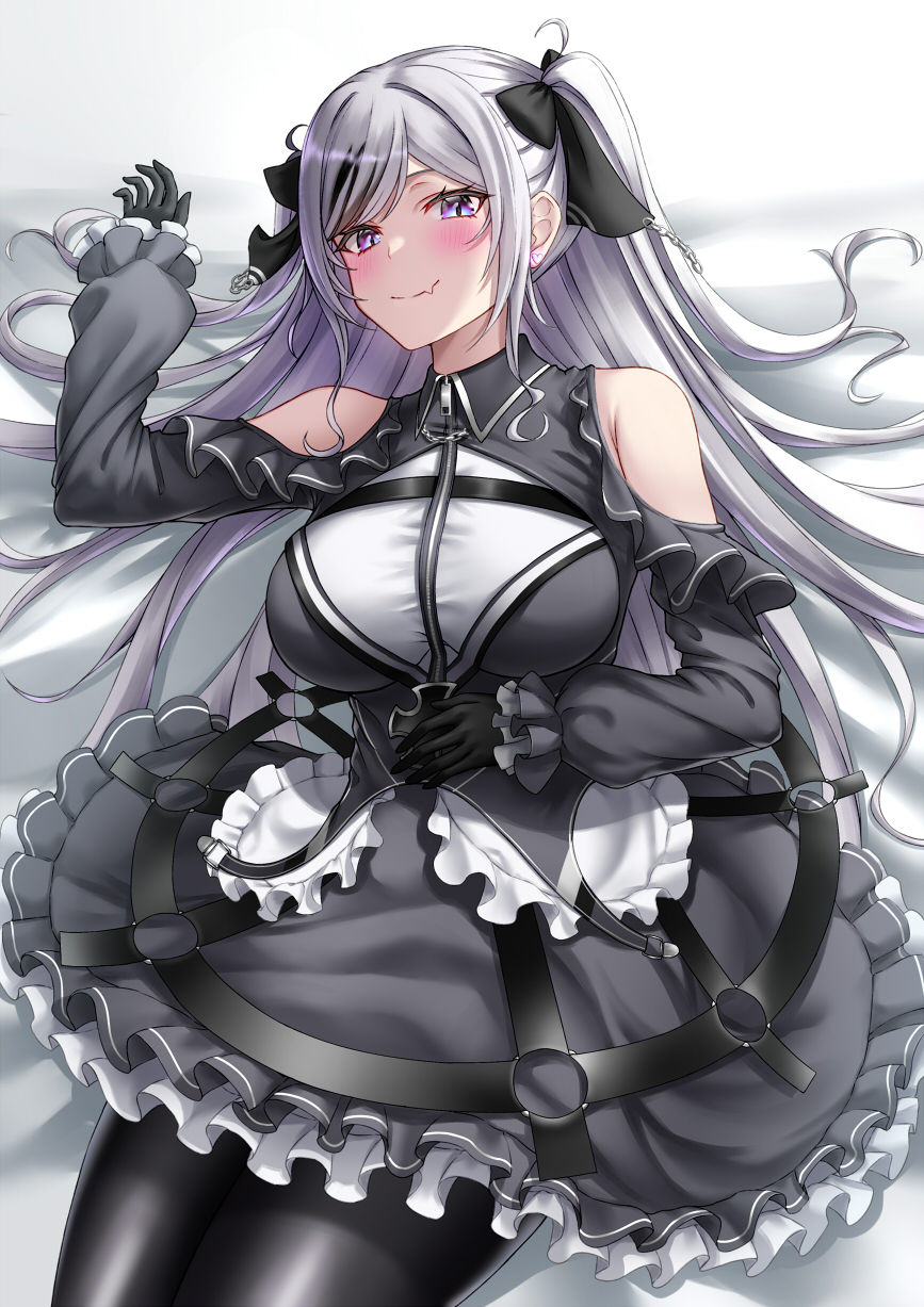 1girl azur_lane black_corset black_footwear black_gloves blush boots closed_mouth clothing_cutout corset cross dress elbe_(azur_lane) eyebrows_behind_hair fang frilled_dress frills gloves hair_between_eyes hair_ribbon hat hat_removed headwear_removed highres iron_cross layered_dress leotard long_hair long_sleeves looking_at_viewer lying multicolored_hair naga_(pixiv70891418) on_bed red_armband ribbon rudder_footwear shoulder_cutout silver_hair skin_fang streaked_hair twintails underboob_cutout violet_eyes white_leotard