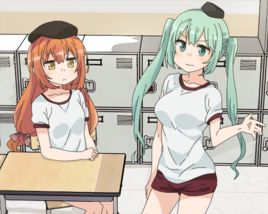 2girls :&lt; arx-160_(girls'_frontline) beret breasts chair classroom collarbone commentary desk eyebrows_visible_through_hair girls_frontline green_eyes green_hair gym_shirt gym_shorts gym_uniform hair_ribbon hat indoors korean_commentary large_breasts locker long_hair looking_at_another micro_uzi_(girls'_frontline) multiple_girls orange_hair ribbon school_chair school_desk shirt short_sleeves shorts sidarim sitting small_breasts standing twintails wavy_mouth yellow_eyes