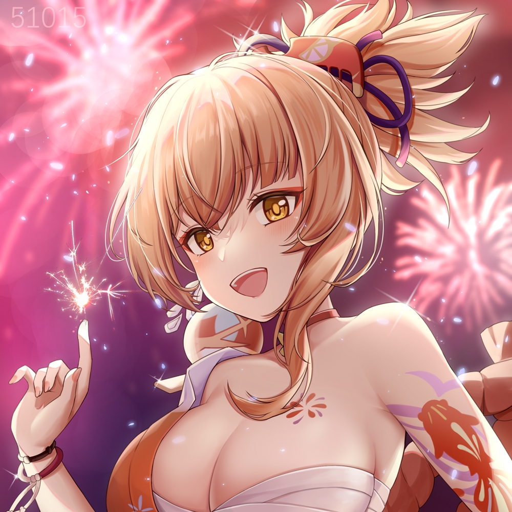 1girl arm_tattoo bangle bare_shoulders bracelet breasts chest_tattoo choker fireworks genshin_impact hair_ornament japanese_clothes jewelry kimono large_breasts looking_at_viewer lying makeup mascara night night_sky open_mouth orange_kimono sarashi sky smile solo tattoo tied_hair upper_body wolfzq_team yellow_eyes yoimiya_(genshin_impact)