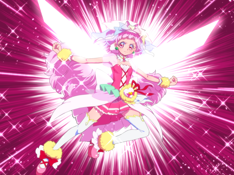 1girl ankle_bow ankle_cuffs back_bow bow clenched_hands closed_mouth clover_earrings cure_yell cure_yell_(cheerful_style) detached_collar dress fighting_stance full_body glaring hair_bow hair_ornament heart heart_hair_ornament hugtto!_precure large_bow long_hair looking_at_viewer magical_girl multicolored_bow nono_hana outstretched_arms pink_background pink_dress pink_eyes pink_footwear pink_hair pink_theme pom_pom_(clothes) pouch precure red_bow serious shoes short_dress solo sparkle spread_arms thigh-highs tj-type1 veil white_bow white_legwear wrist_cuffs