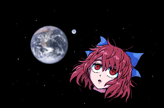 1girl blue_bow bow disembodied_head earth_(planet) eyelashes floating formicid hair_bow messy_hair moon open_mouth planet red_eyes sekibanki short_hair space star_(sky) touhou zero_gravity