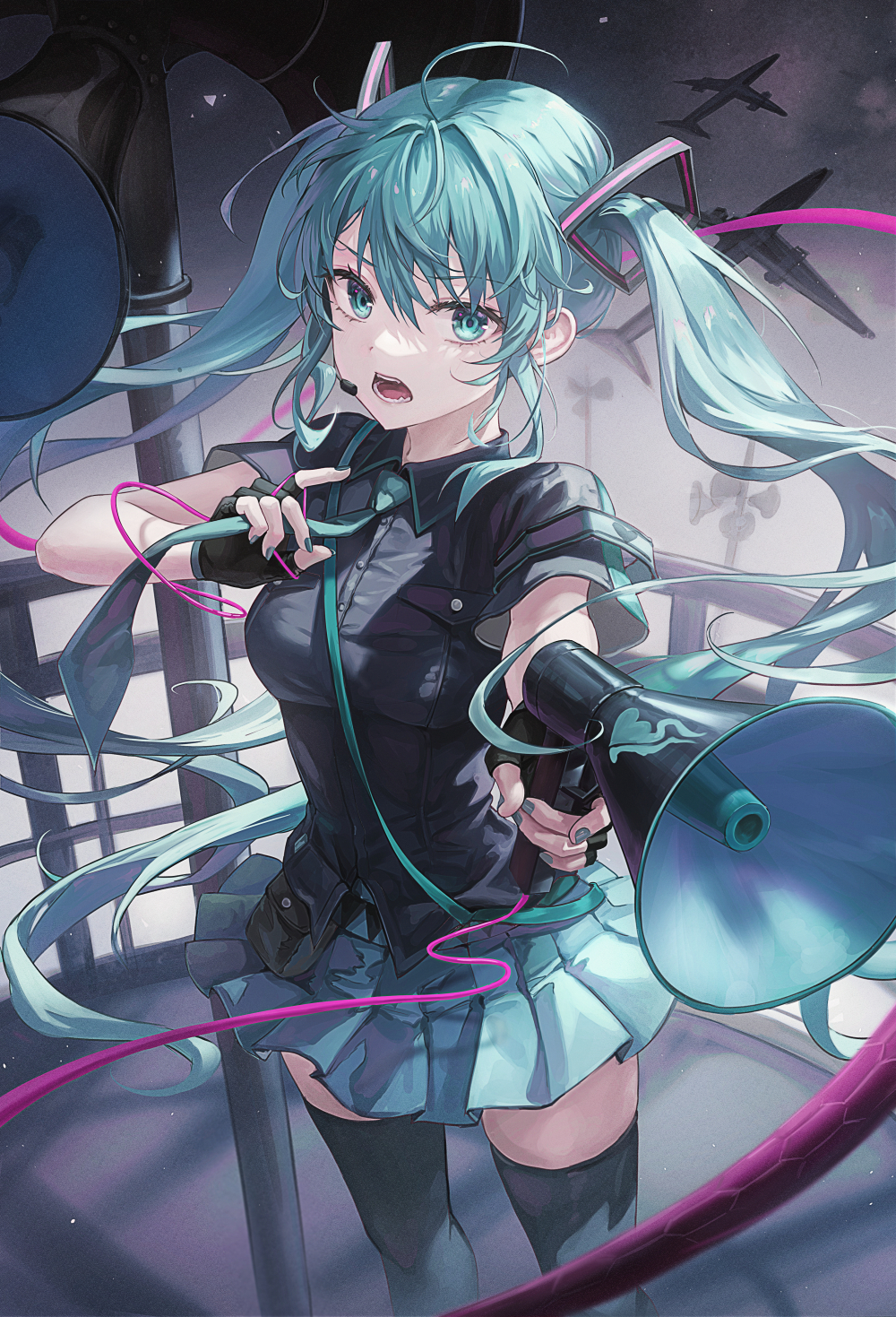 1girl aqua_eyes aqua_hair bangs black_gloves black_jacket breasts commentary_request detached_sleeves fingerless_gloves floating_hair gloves hatsune_miku highres holding holding_megaphone jacket koi_wa_sensou_(vocaloid) long_hair looking_at_viewer medium_breasts megaphone miniskirt open_mouth outdoors pleated_skirt short_sleeves skirt solo teeth thigh-highs tokkyu twintails very_long_hair vocaloid zettai_ryouiki