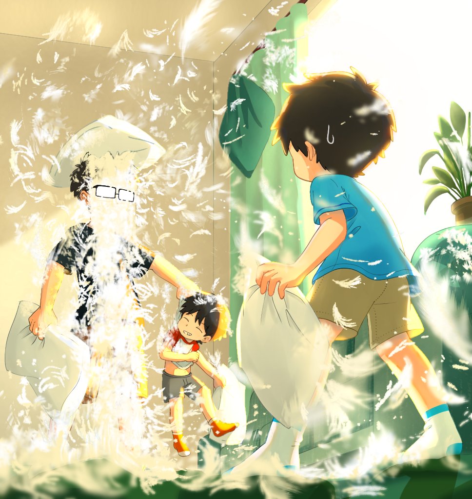 3boys age_difference black_hair child closed_eyes clothes_lift commentary father_and_son holding holding_pillow male_focus midriff_peek multiple_boys navel original phamquo35059479 pillow pillow_fight pillow_grab short_hair short_sleeves shorts