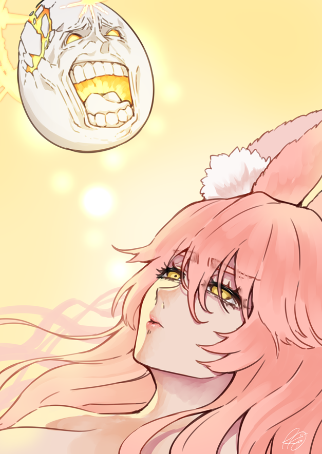 1girl animal_ear_fluff animal_ears bangs christopher_columbus_(fate) commentary_request cracked_egg egg eyebrows_visible_through_hair face fate/grand_order fate_(series) fox_ears fox_girl frown hair_between_eyes koyanskaya_(fate) laughing long_hair looking_at_another open_mouth pink_hair rkp sidelocks signature solo tamamo_(fate) teeth tongue yellow_background yellow_eyes