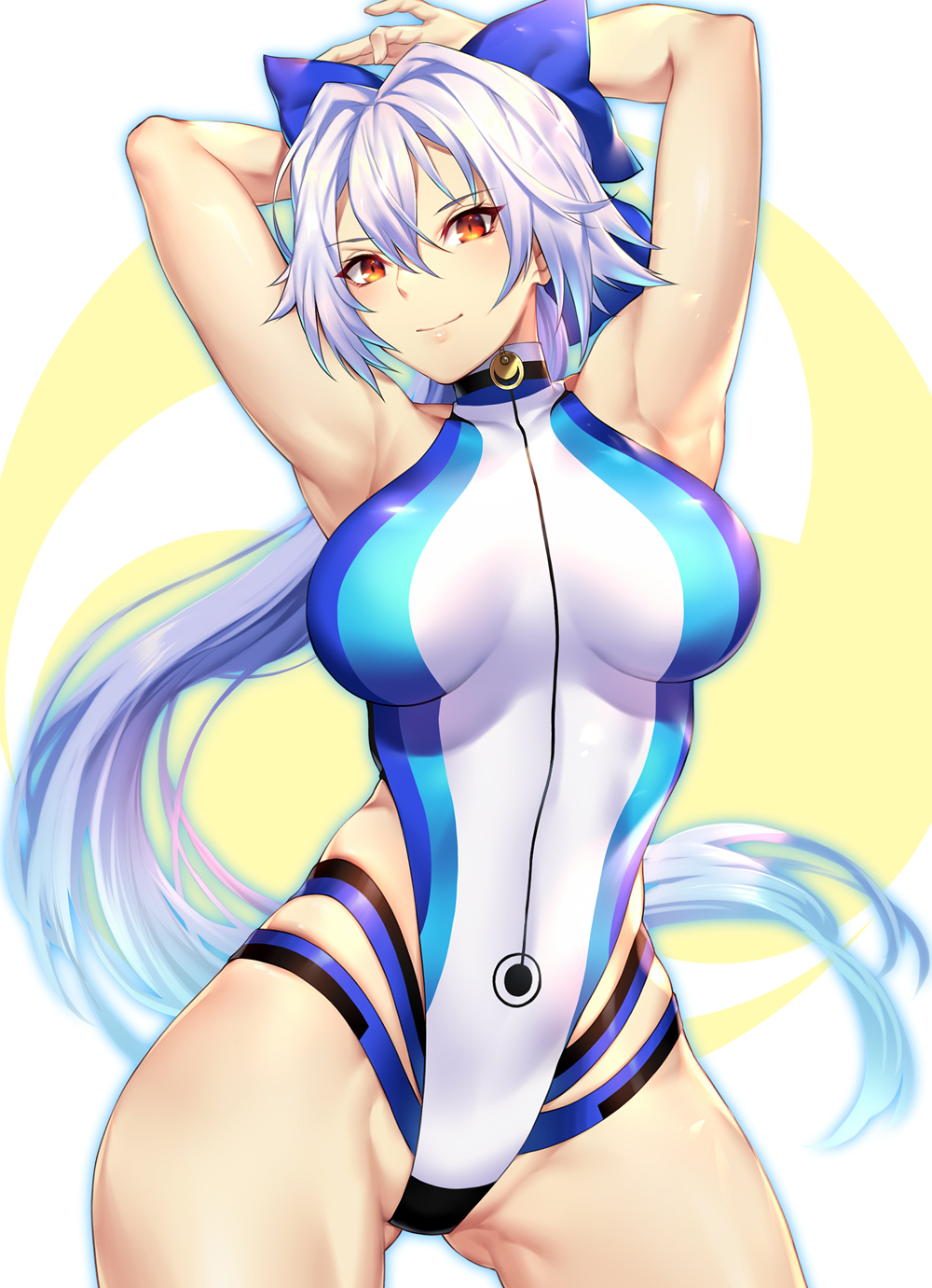 1girl absurdres blue_bow blue_jacket blue_swimsuit bow breasts cropped_jacket fate/grand_order fate_(series) hair_bow highleg highleg_swimsuit highres jacket long_hair medium_breasts multicolored multicolored_clothes multicolored_swimsuit nasaniliu one-piece_swimsuit ponytail red_eyes short_sleeves shrug_(clothing) silver_hair solo standing striped_wristband swimsuit tomoe_gozen_(fate/grand_order) tomoe_gozen_(swimsuit_saber)_(fate) two-tone_swimsuit very_long_hair wading white_swimsuit