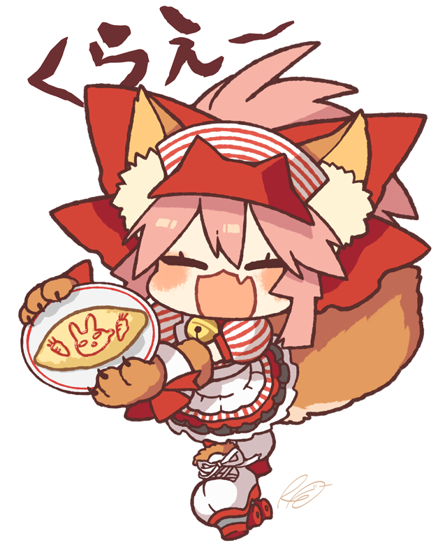 1girl animal_ear_fluff animal_ears animal_hands bangs bell blush chibi claws closed_eyes commentary_request fang fate/grand_order fate_(series) food fox_ears fox_girl fox_tail full_body holding holding_plate neck_bell omurice open_mouth pink_hair plate ponytail rkp roller_skates sauce short_sleeves sidelocks signature simple_background skates skin_fang solo tail tamamo_(fate) tamamo_cat_(fate) visor_cap white_background