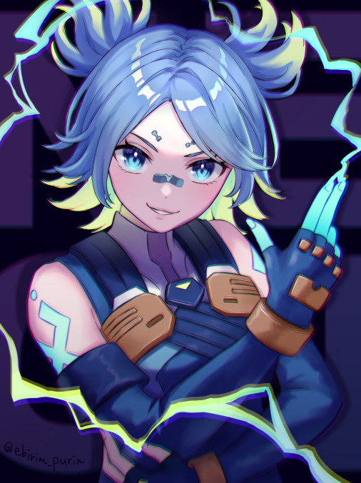 1girl animification artist_name bandaid bandaid_on_nose blue_eyes blue_gloves blue_hair blue_jacket chromatic_aberration colored_inner_hair double_bun ebi_purin ebirim_purin elbow_gloves electricity finger_gun fingerless_gloves gloves hair_behind_ear jacket looking_at_viewer multicolored_hair neon_(valorant) parted_hair signature sleeveless sleeveless_jacket smile smirk solo twintails two-tone_hair two_side_up valorant