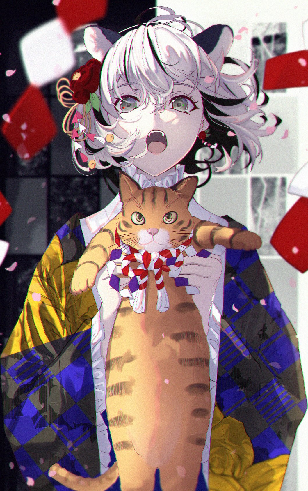 :3 :d animal animal_ears black_hair blurry blurry_background cat closed_mouth commentary extra_ears flower frilled_sleeves frills green_eyes hair_between_eyes hair_flower hair_ornament highres holding holding_animal holding_cat long_sleeves looking_at_viewer multicolored_hair open_mouth orange_cat original pale_skin petals rope rope_around_neck short_hair smile teeth tongue two-tone_hair untue upper_body upper_teeth white_hair wide_sleeves