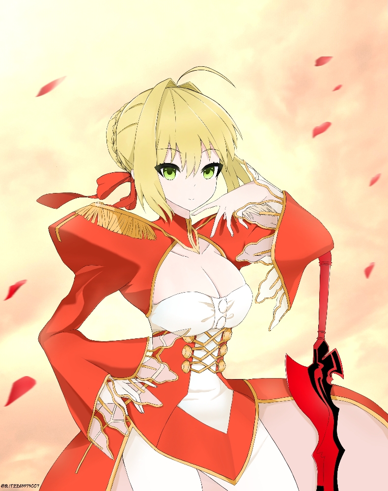 1girl aestus_estus ahoge blonde_hair blurry braid breasts cleavage commentary_request corset dress epaulettes fate/extra fate/grand_order fate_(series) flower french_braid green_eyes hair_flower hair_intakes hair_ornament hair_ribbon highres juliet_sleeves large_breasts len_(lendivere) long_sleeves looking_at_viewer nero_claudius_(fate) nero_claudius_(fate)_(all) ocean petals puffy_sleeves red_dress red_ribbon ribbon saber_extra see-through short_hair smile solo wide_sleeves