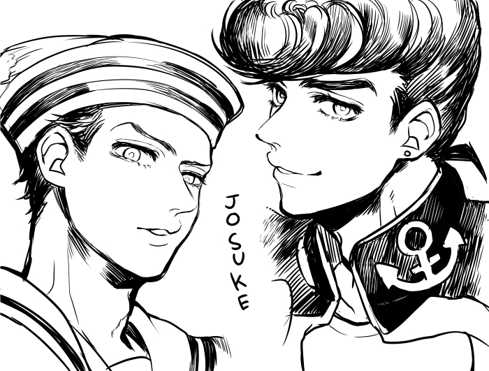 2boys anchor diamond_wa_kudakenai dixie_cup_hat gakuran greyscale hat higashikata_josuke higashikata_josuke_(jojolion) jojo_no_kimyou_na_bouken jojolion male_focus military_hat monochrome multiple_boys namesake pompadour sailor school_uniform setsunano