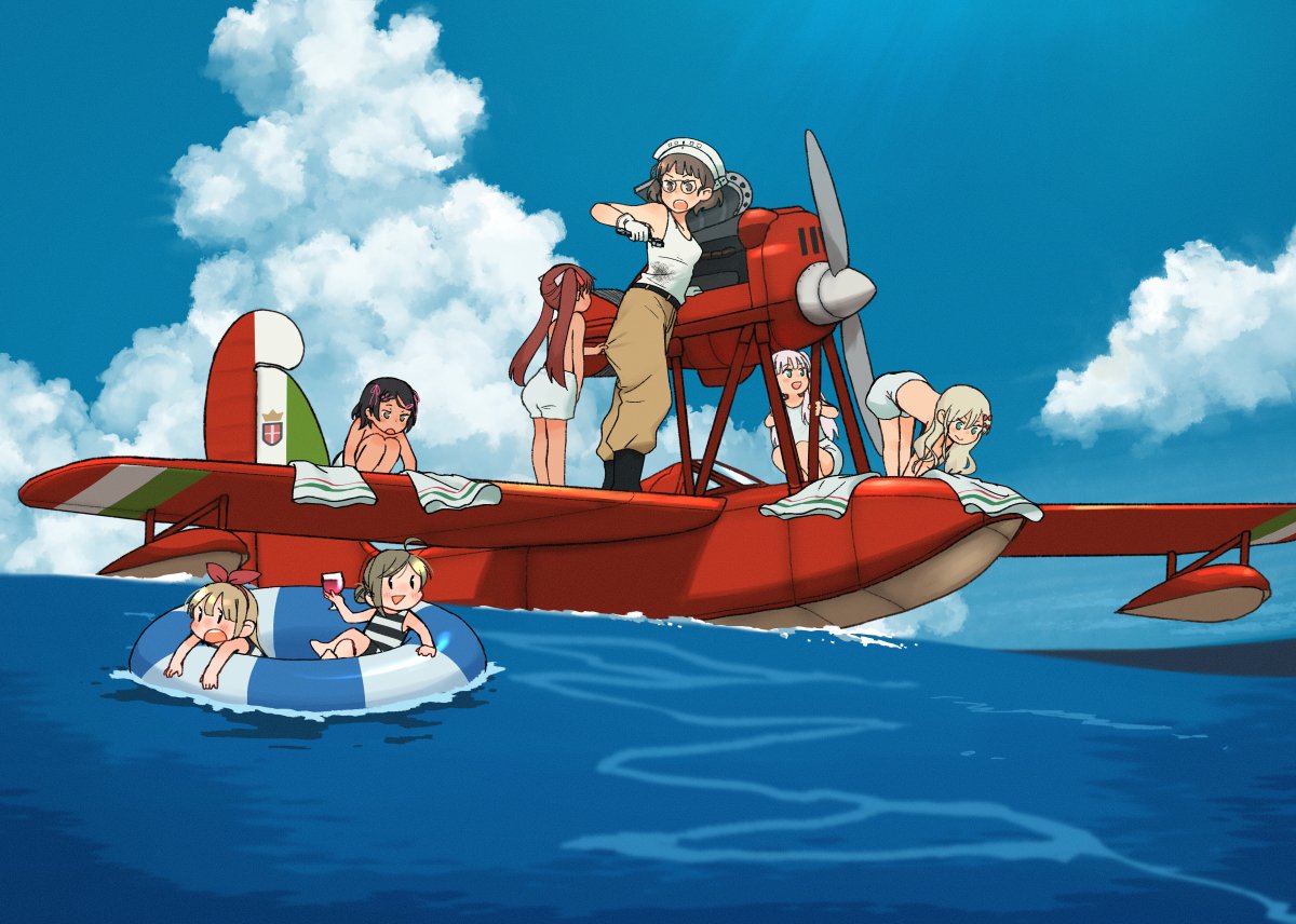 6+girls ahoge alcohol annin_musou black_hair blonde_hair blush bob_cut brown_eyes brown_hair clouds cloudy_sky cup day drinking_glass eyebrows_visible_through_hair fairy_(kancolle) gloves grecale_(kancolle) green_eyes hair_between_eyes holding holding_cup holding_wrench innertube kantai_collection libeccio_(kancolle) light_brown_hair long_hair maestrale_(kancolle) multiple_girls ocean open_mouth pince-nez roma_(kancolle) scirocco_(kancolle) seaplane short_hair silver_hair sky tank_top triangle_mouth twintails water white_gloves white_tank_top wine wine_glass wrench