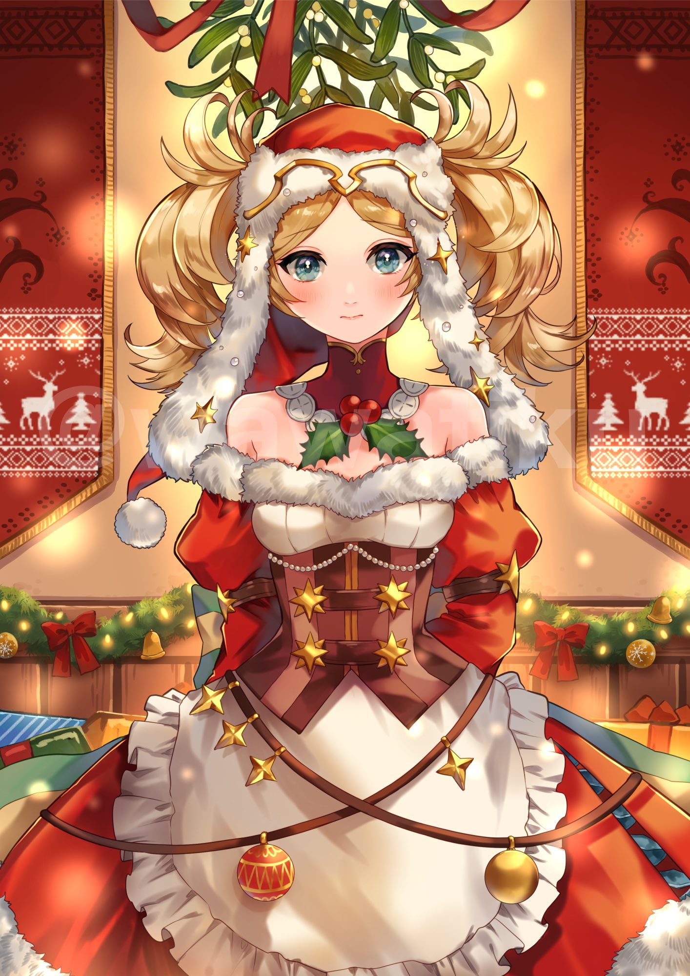 1girl bangs bare_shoulders blonde_hair blue_eyes breasts christmas_ornaments closed_mouth commission detached_collar fire_emblem fire_emblem_awakening hat highres lissa_(fire_emblem) looking_at_viewer medium_breasts official_alternate_costume santa_costume santa_hat skeb_commission turtleneck upper_body wawatiku