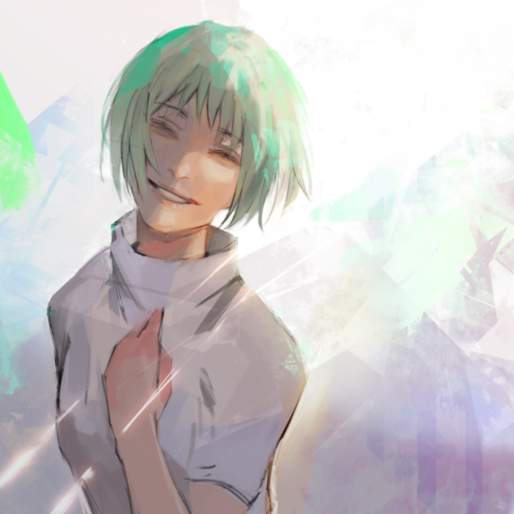 1girl bangs closed_eyes facing_viewer gradient gradient_background green_hair grey_shirt grin kyuuba_melo mutsuki_tooru shirt short_hair short_sleeves smile solo tokyo_ghoul tokyo_ghoul:re upper_body white_background