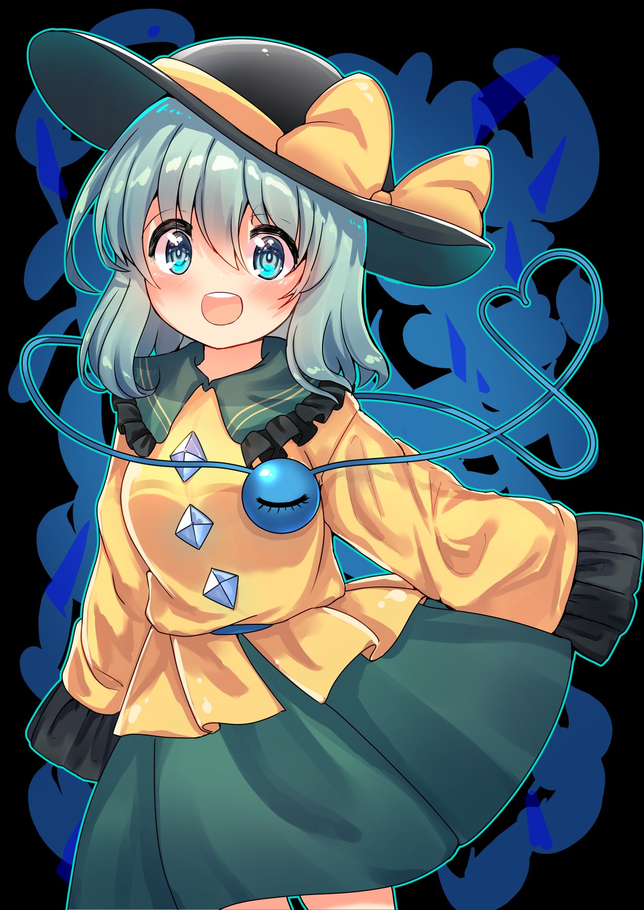 1girl aqua_hair bangs black_background black_headwear blouse blue_eyes blush buttons collared_blouse commentary_request diamond_button eyeball eyebrows_visible_through_hair frilled_shirt_collar frilled_sleeves frills green_skirt hair_between_eyes hat hat_ribbon heart heart_of_string highres komeiji_koishi long_sleeves medium_hair open_mouth ribbon rpameri skirt sleeves_past_fingers sleeves_past_wrists smile solo teeth third_eye touhou upper_teeth wavy_hair wide_sleeves yellow_blouse yellow_ribbon