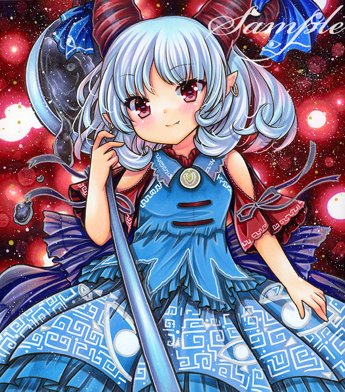 1girl bare_shoulders blush cowboy_shot danmaku earrings fang fang_out holding holding_spoon horns jewelry light_smile looking_at_viewer marker_(medium) medium_hair pointy_ears red_background red_eyes rui_(sugar3) silver_hair solo spoon touhou toutetsu_yuuma traditional_media