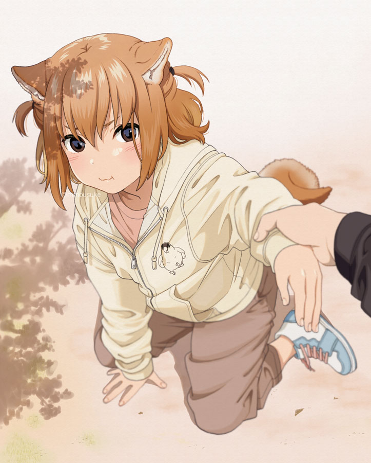 1boy 1girl :t animal_ears arm_support blush brown_eyes brown_hair brown_jacket brown_panties brown_shirt closed_mouth dog_ears dog_girl dog_tail holding_another's_wrist hood hood_down hooded_jacket jacket long_hair long_sleeves mattaku_mousuke original out_of_frame panties shirt shoes solo_focus tail two_side_up underwear wavy_mouth white_footwear
