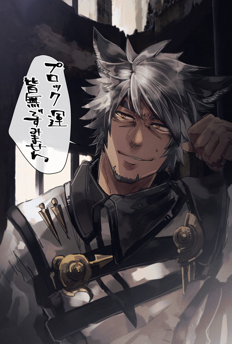 1boy animal_ear_fluff animal_ears avatar_(ff14) bangs cat_ears facial_hair facial_mark final_fantasy final_fantasy_xiv gloves goatee grey_hair jacket long_bangs male_focus miqo'te ohayashi55 ruins sharp_teeth short_hair silver_hair single_glove smirk solo speech_bubble sweatdrop swept_bangs teeth