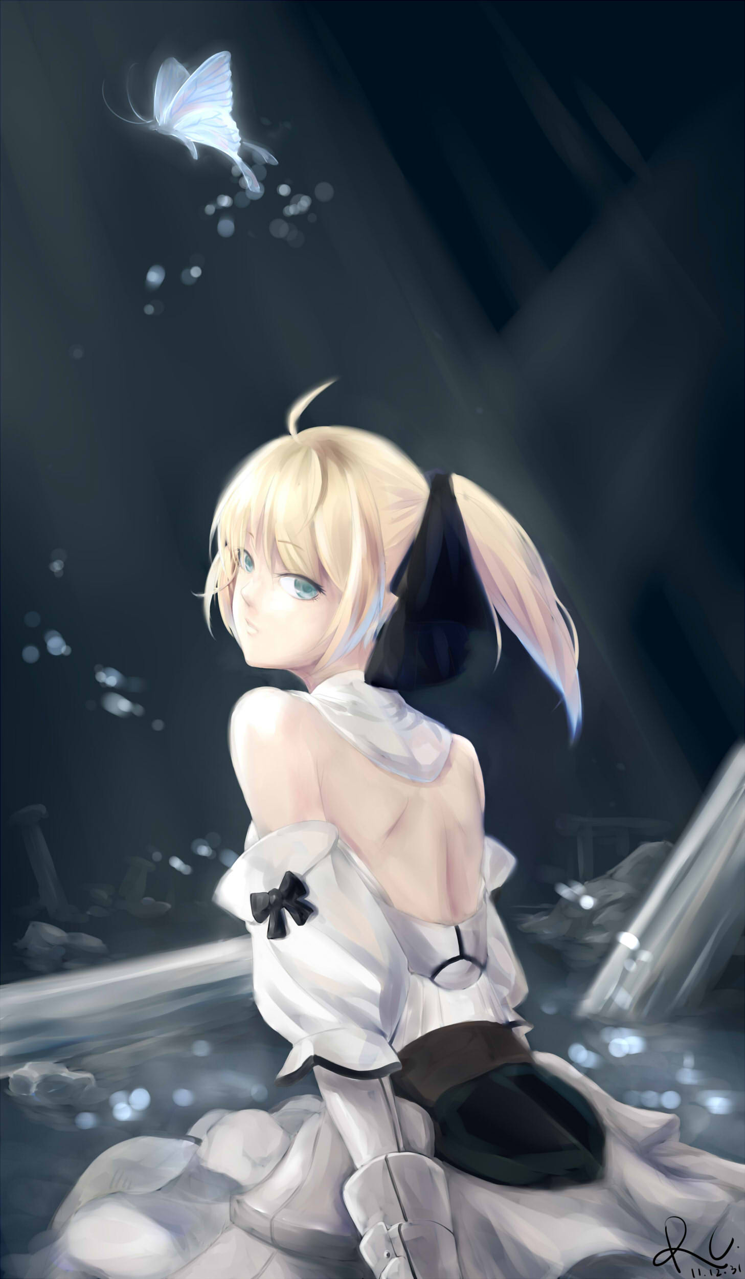 1girl artoria_pendragon_(all) black_bow blonde_hair bow breastplate caliburn dress eyebrows_visible_through_hair fate/grand_order fate/unlimited_codes fate_(series) faulds floating_hair gauntlets green_eyes hair_between_eyes hair_bow highres leng_suan_l&iacute;zi long_hair looking_at_viewer outdoors petals ponytail saber_lily signature sleeveless sleeveless_dress solo standing white_dress