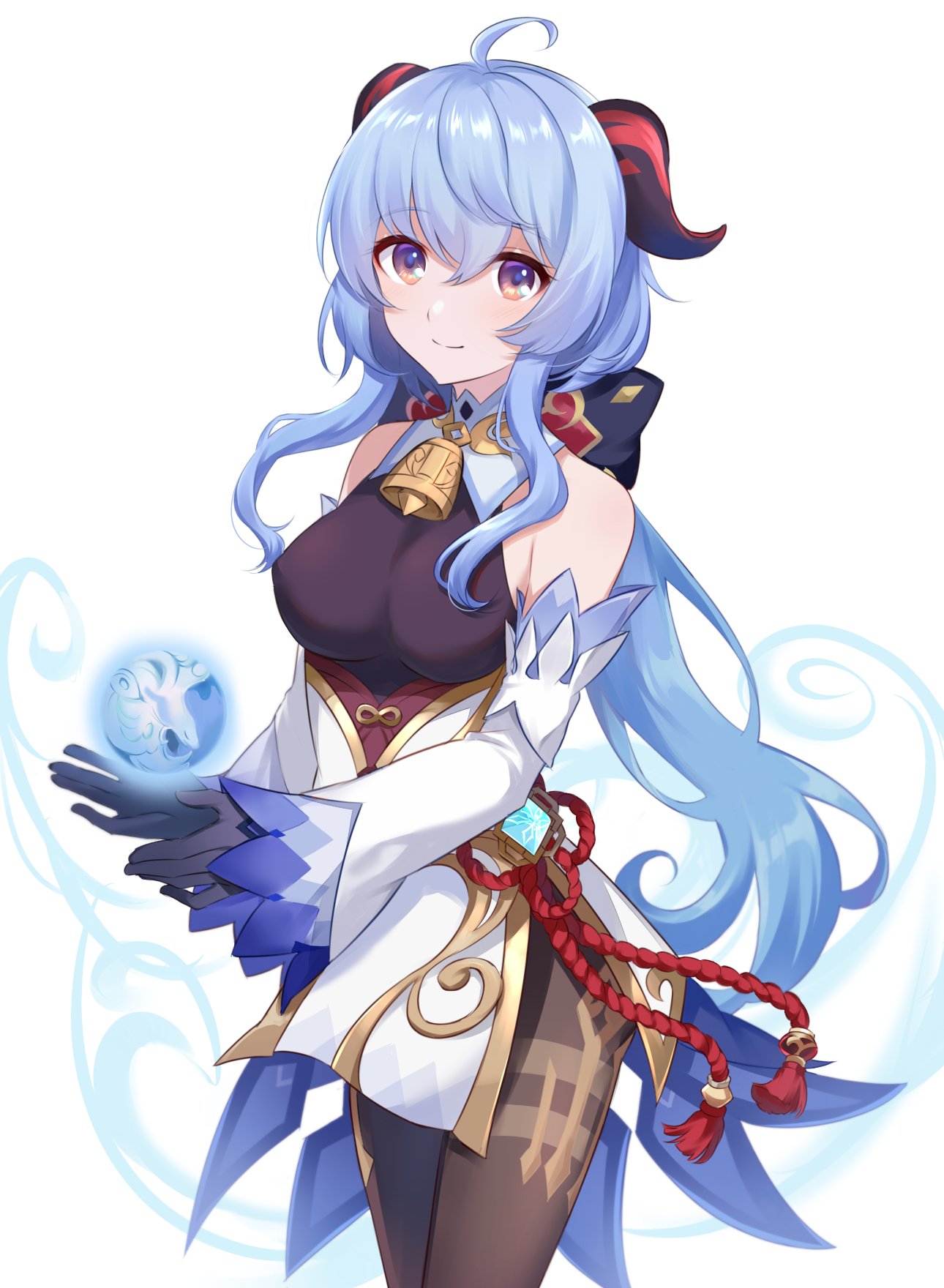 ahoge bangs bare_shoulders bell black_gloves black_legwear blue_hair blush bow breasts chinese_knot curled_horns detached_sleeves eyebrows_visible_through_hair flower_knot ganyu_(genshin_impact) genshin_impact gloves gold_trim highres horns light_smile long_hair looking_at_viewer low_ponytail medium_breasts multicolored_eyes neck_bell nemu_mohu orb qilin_(mythology) red_rope rope sidelocks solo standing tassel thighlet vision_(genshin_impact) waist_cape white_background white_sleeves wide_sleeves