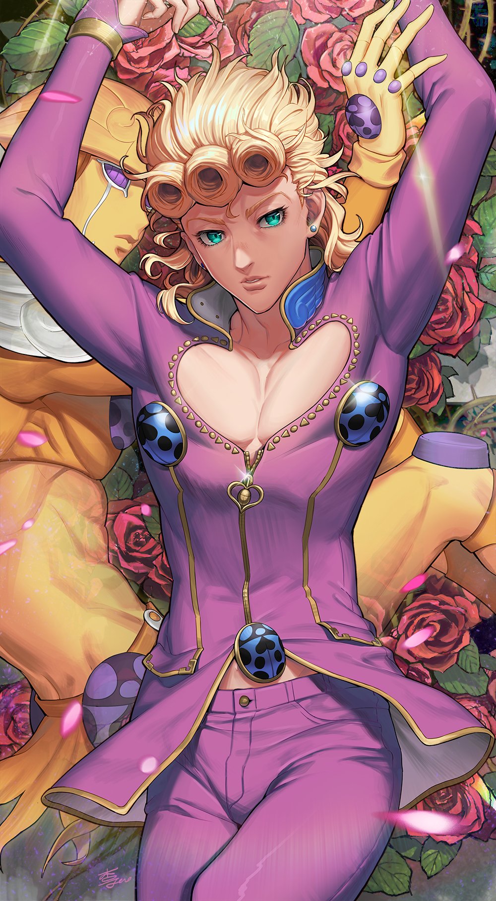 2boys anzumame blonde_hair blue_eyes braid bug cleavage_cutout clothing_cutout flower giorno_giovanna gold_experience highres jojo_no_kimyou_na_bouken ladybug male_focus midriff_peek multiple_boys rose stand_(jojo) vento_aureo wing_ornament