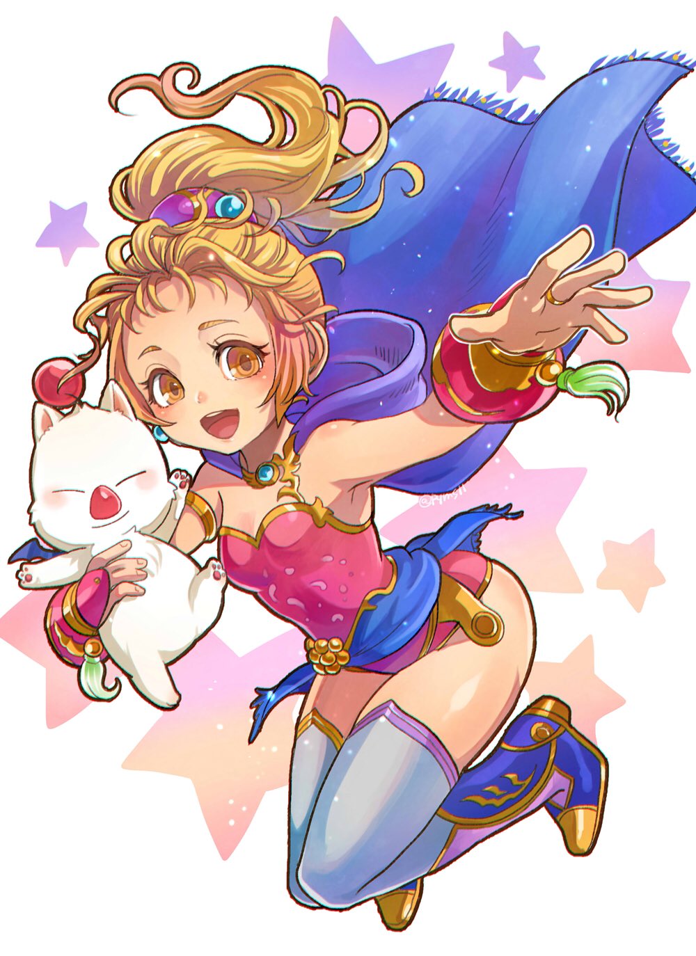 1girl blonde_hair blush brown_eyes cape dissidia_final_fantasy dissidia_final_fantasy_opera_omnia dress final_fantasy final_fantasy_v full_body hair_ornament highres krile_mayer_baldesion long_hair looking_at_viewer medium_hair moogle open_mouth payu_(pyms11) ponytail smile thigh-highs