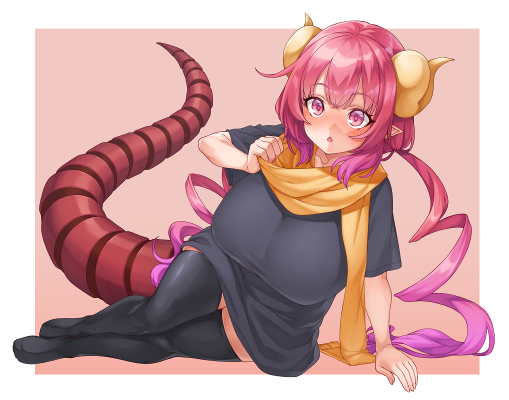 1girl black_legwear black_shirt blush breasts dragon_girl dragon_horns dragon_tail elomil eyebrows_visible_through_hair full_moon hand_up horns huge_breasts ilulu_(maidragon) kobayashi-san_chi_no_maidragon long_hair looking_at_viewer low_twintails moon pink_eyes pointy_ears scarf shirt short_sleeves simple_background solo tail thigh-highs twintails very_long_hair yellow_scarf