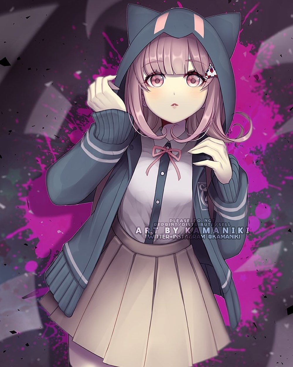 1girl animal_ears bangs blood blunt_bangs brown_skirt collared_shirt danganronpa_(series) danganronpa_2:_goodbye_despair dress_shirt eyebrows_visible_through_hair fake_animal_ears flipped_hair galaga green_jacket grey_background hair_ornament highres hood hood_up jacket kamaniki long_sleeves looking_at_viewer medium_hair nanami_chiaki neck_ribbon open_clothes open_jacket pink_background pink_blood pink_eyes pink_ribbon pleated_skirt ribbon shirt shirt_tucked_in skirt solo watermark