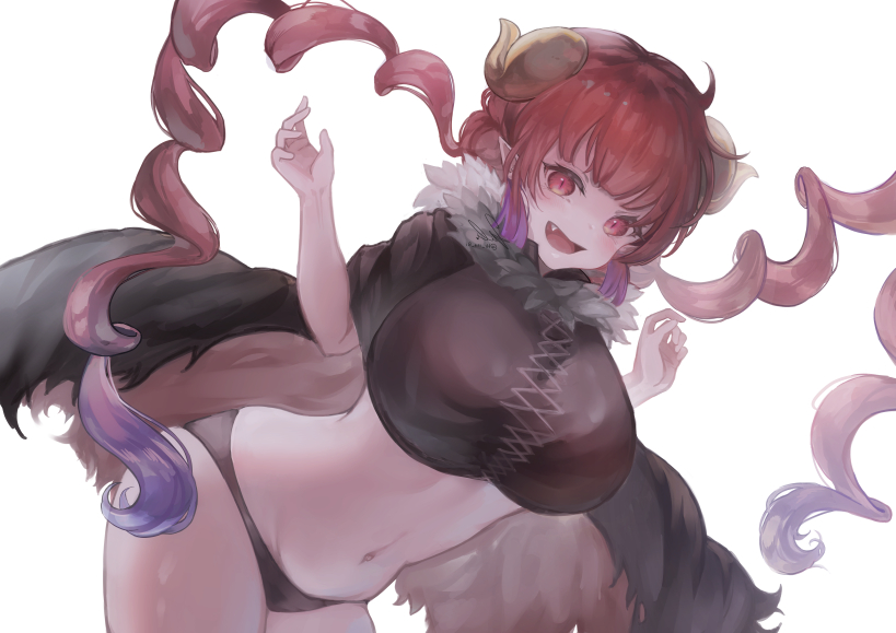 1girl black_cape black_panties breasts cape cowboy_shot dragon_girl dragon_horns hands_up hibi_(hibi_1516) horns huge_breasts ilulu_(maidragon) kobayashi-san_chi_no_maidragon long_hair looking_at_viewer navel panties pointy_ears red_eyes simple_background solo twintails underwear very_long_hair white_background