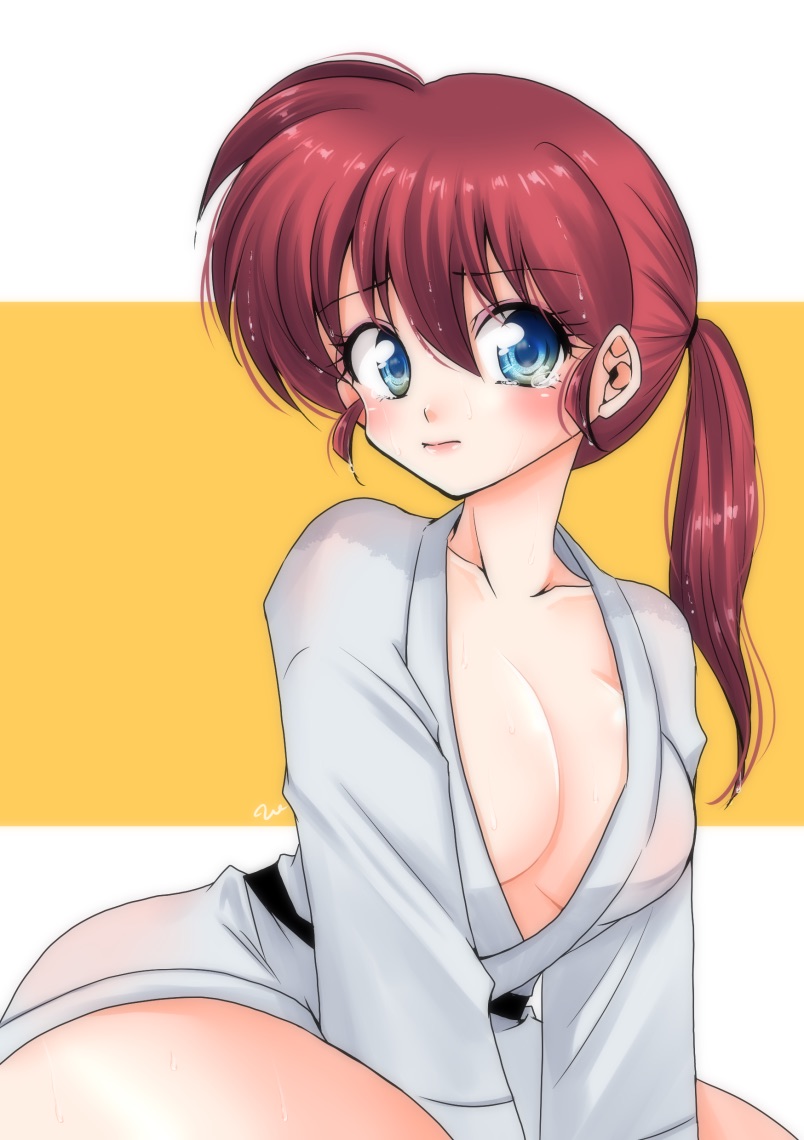 1girl alternate_hairstyle artist_name bangs blush breasts closed_mouth commentary dougi eyebrows_visible_through_hair frown genderswap genderswap_(mtf) hair_tie karate_gi leaning_forward long_hair long_sleeves looking_at_viewer medium_breasts no_pants ranma-chan ranma_1/2 redhead saotome_ranma signature sitting solo tearing_up uehara_doh