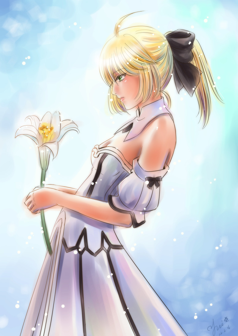 1girl artoria_pendragon_(all) black_bow blonde_hair bow breastplate caliburn dress eyebrows_visible_through_hair fate/grand_order fate/unlimited_codes fate_(series) faulds floating_hair gauntlets green_eyes hair_between_eyes hair_bow highres long_hair looking_at_viewer outdoors petals ponytail saber_lily signature sleeveless sleeveless_dress solo standing white_dress yui.4