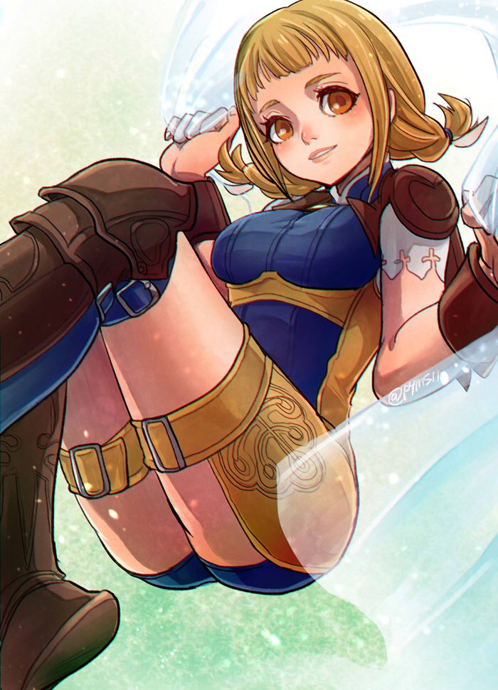 1girl blonde_hair blue_eyes braid breasts final_fantasy final_fantasy_xii long_hair looking_at_viewer penelo smile solo thigh-highs twin_braids twintails