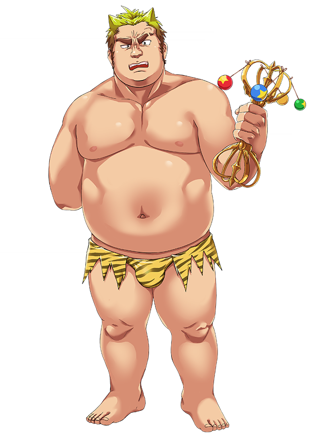 1boy alpha_transparency angry animal_print blonde_hair brown_hair gradient_hair loincloth long_sideburns male_focus motosumi_(housamo) multicolored_hair muscular muscular_male official_art open_mouth scar short_hair sideburns thick_eyebrows tiger_print transparent_background vajra_(object)