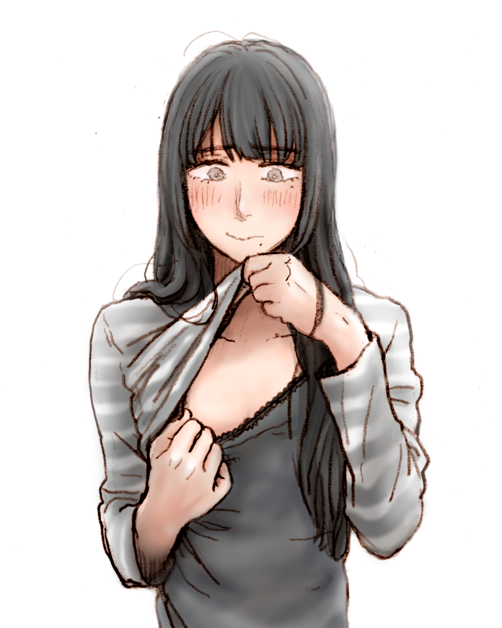 1boy arisa_(yuki_touko) black_hair blush clothes_pull crossdressing embarrassed grey_eyes highres long_hair looking_down male_focus mole mole_under_eye mole_under_mouth original otoko_no_ko shirt shirt_pull solo striped striped_shirt upper_body yuki_touko