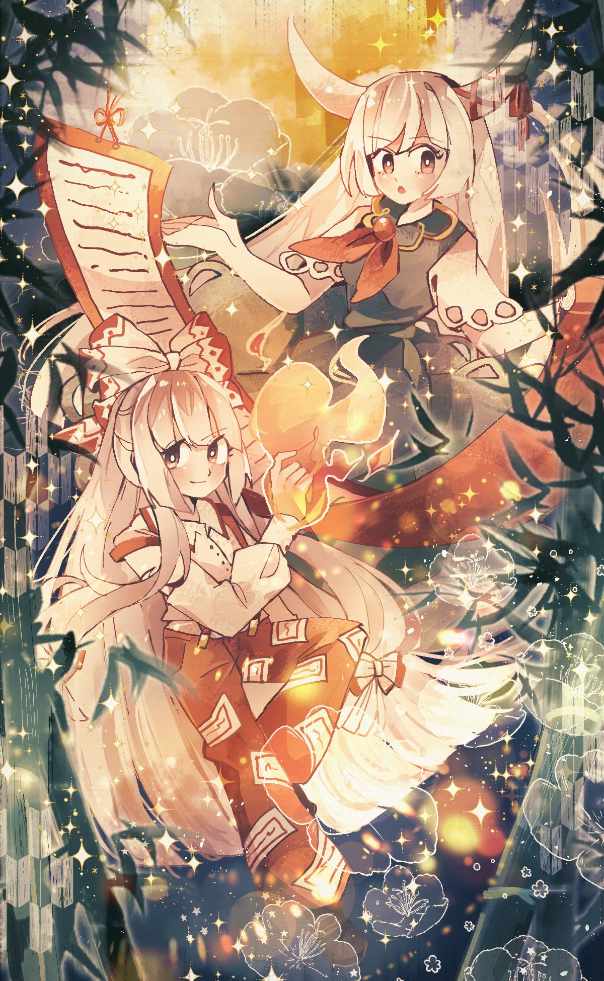 2girls :o bamboo blush bow bright_pupils brown_eyes buttons closed_mouth collared_shirt commentary dress ex-keine eyebrows_visible_through_hair fingernails fire flame flower flower_request fujiwara_no_mokou full_moon green_dress green_hair green_nails hair_bow hand_up highres holding holding_scroll horn_ornament horn_ribbon horns kamishirasawa_keine lace long_hair long_sleeves looking_at_viewer moon multicolored_hair multiple_girls neckerchief ofuda ofuda_on_clothes open_hand open_mouth pants ponytail ratto_(mobilis_1870) red_legwear red_neckerchief red_ribbon ribbon scroll shirt short_sleeves sidelocks smile sparkle suspenders touhou translucent two-tone_hair very_long_hair white_bow white_hair white_pupils white_shirt