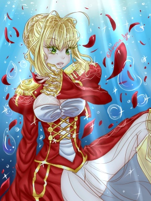 1girl aestus_estus ahoge ayuno-athenia blonde_hair blurry braid breasts cleavage commentary_request corset dress epaulettes fate/extra fate/grand_order fate_(series) flower french_braid green_eyes hair_flower hair_intakes hair_ornament hair_ribbon highres juliet_sleeves large_breasts long_sleeves looking_at_viewer nero_claudius_(fate) nero_claudius_(fate)_(all) ocean petals puffy_sleeves red_dress red_ribbon ribbon saber_extra see-through short_hair smile solo wide_sleeves