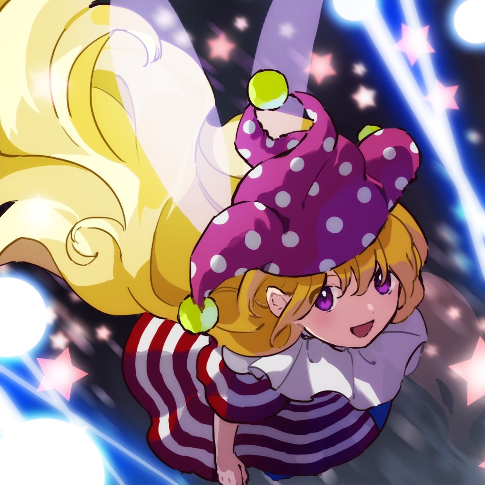 1girl american_flag_dress bangs blonde_hair blue_dress blue_pants clownpiece danmaku dress eyebrows_visible_through_hair eyes_visible_through_hair fairy_wings flying hair_between_eyes hat jester_cap kaigen_1025 laser long_hair looking_at_viewer looking_up moon multicolored_clothes multicolored_dress neck_ruff open_mouth pants polka_dot purple_headwear red_dress short_sleeves smile solo star_(symbol) star_print striped striped_dress touhou violet_eyes white_dress wings