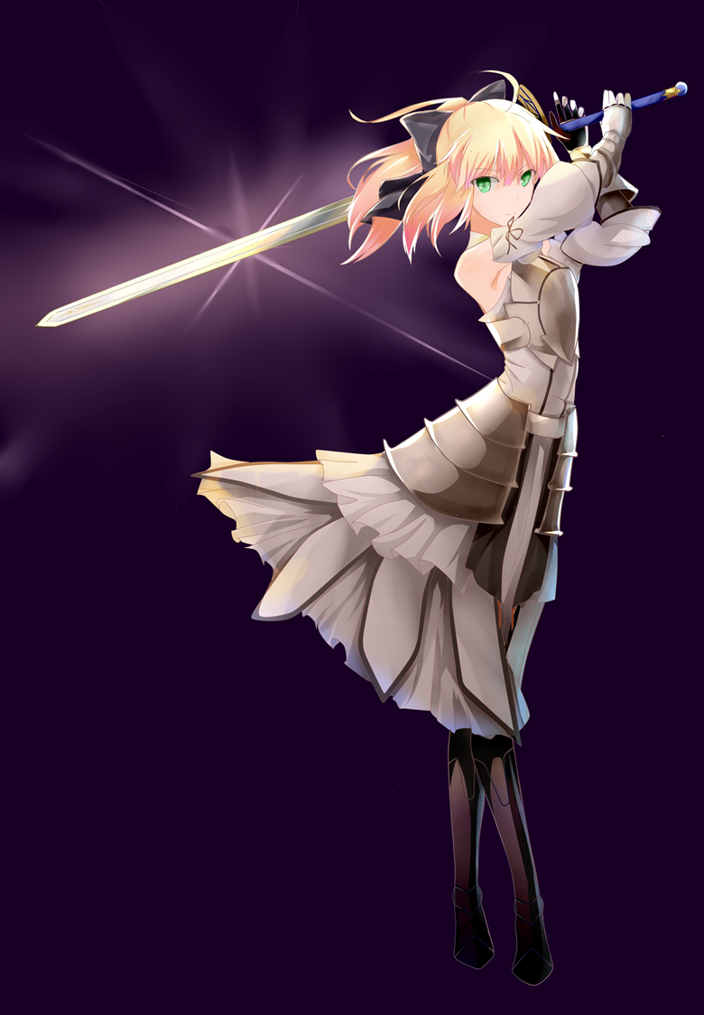 1girl artoria_pendragon_(all) black_bow blonde_hair bow breastplate caliburn dress eyebrows_visible_through_hair fate/grand_order fate/unlimited_codes fate_(series) faulds floating_hair gauntlets green_eyes hair_between_eyes hair_bow highres long_hair looking_at_viewer outdoors petals ponytail saber_lily signature sleeveless sleeveless_dress solo standing sword weapon white_dress xihuan_hua_guo_ti_de_mai