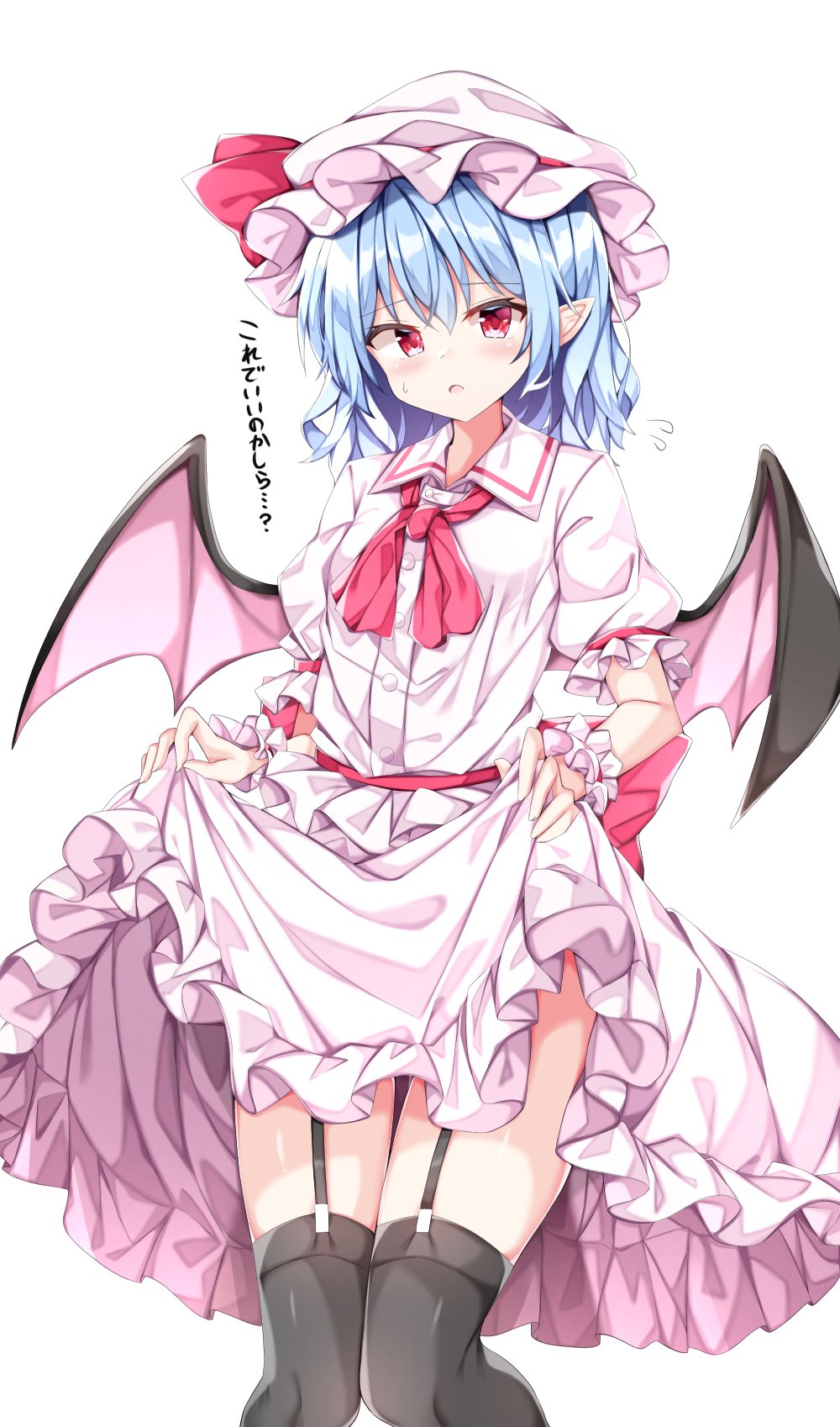 1girl back_bow bangs bat_wings between_legs black_legwear blush bow breasts buttons clothes_lift commentary_request dress dress_bow dress_lift ear_blush eyelashes feet_out_of_frame flying_sweatdrops frilled_dress frills garter_straps hand_between_legs hat highres knees_together_feet_apart kuraaken lifted_by_self light_purple_hair looking_at_viewer mob_cap neck_ribbon open_mouth pink_dress pink_headwear pointy_ears puffy_short_sleeves puffy_sleeves red_bow red_eyes red_ribbon remilia_scarlet ribbon shiny shiny_hair shiny_skin short_hair short_sleeves sidelocks simple_background small_breasts smile solo standing thigh-highs tongue touhou translation_request white_background wings wrist_cuffs