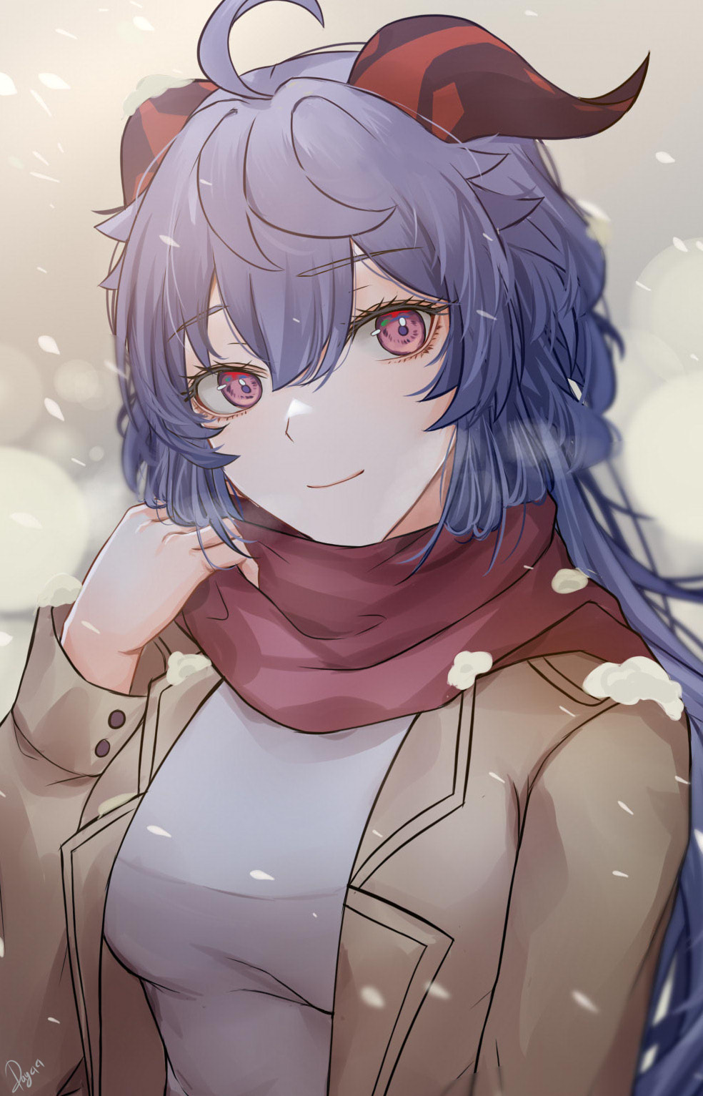 ahoge bangs blue_hair breasts coat day_(user_aasx8552) eyebrows_visible_through_hair ganyu_(genshin_impact) genshin_impact highres horns long_hair looking_at_viewer medium_breasts red_scarf scarf signature snow solo upper_body violet_eyes winter_clothes winter_coat