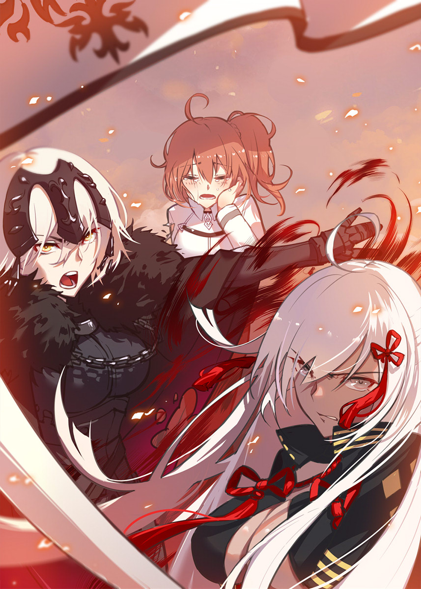 3girls ahoge armor bangs breasts cloak closed_eyes crying dark-skinned_female dark_skin eyebrows_behind_hair eyebrows_visible_through_hair fate/grand_order fate_(series) flag fujimaru_ritsuka_(female) highres incoming_attack japanese_clothes jeanne_d'arc_(alter)_(fate) jeanne_d'arc_(fate) long_hair looking_at_viewer multiple_girls okita_souji_(alter)_(fate) okita_souji_(fate) open_mouth short_hair side_ponytail upper_body xion32