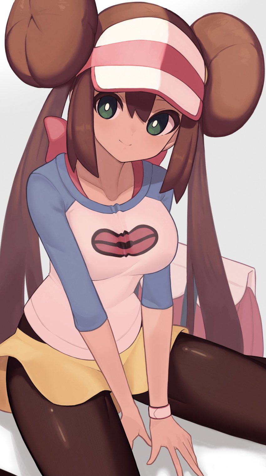 1girl bag_removed bangs bow breasts bright_pupils brown_hair closed_mouth commentary_request double_bun green_eyes highres legwear_under_shorts long_hair nuneno pantyhose pink_bag pink_bow pokemon pokemon_(game) pokemon_bw2 raglan_sleeves rosa_(pokemon) shirt short_shorts shorts sitting smile solo split_mouth twintails visor_cap white_pupils yellow_shorts