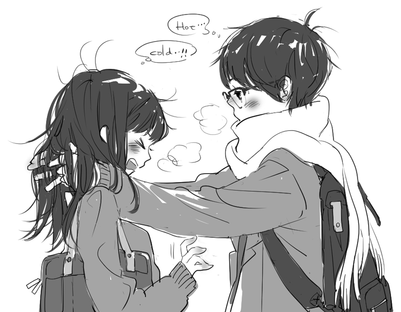 &gt;_&lt; 1boy 1girl backpack bag bangs blush body_blush breath cold commentary covered_mouth d: dx english_commentary english_text facing_another fringe_trim glasses greyscale hand_in_another's_hair hand_up hands_up lenny-tree long_hair long_sleeves looking_at_another monochrome motion_lines nose_blush open_mouth original outstretched_arms round_teeth scarf scarf_over_mouth school_bag school_uniform shoulder_bag simple_background sleeves_past_wrists sweater teeth thought_bubble upper_body upper_teeth white_background winter_clothes