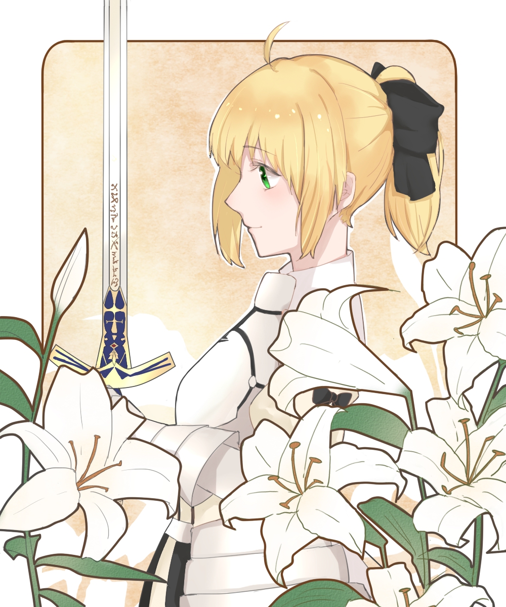 1girl artoria_pendragon_(all) black_bow blonde_hair bow breastplate caliburn dress eyebrows_visible_through_hair fate/grand_order fate/unlimited_codes fate_(series) faulds floating_hair gauntlets green_eyes hair_between_eyes hair_bow highres long_hair looking_at_viewer outdoors petals ponytail ruru_(pixiv7470762) saber_lily signature sleeveless sleeveless_dress solo standing sword weapon white_dress