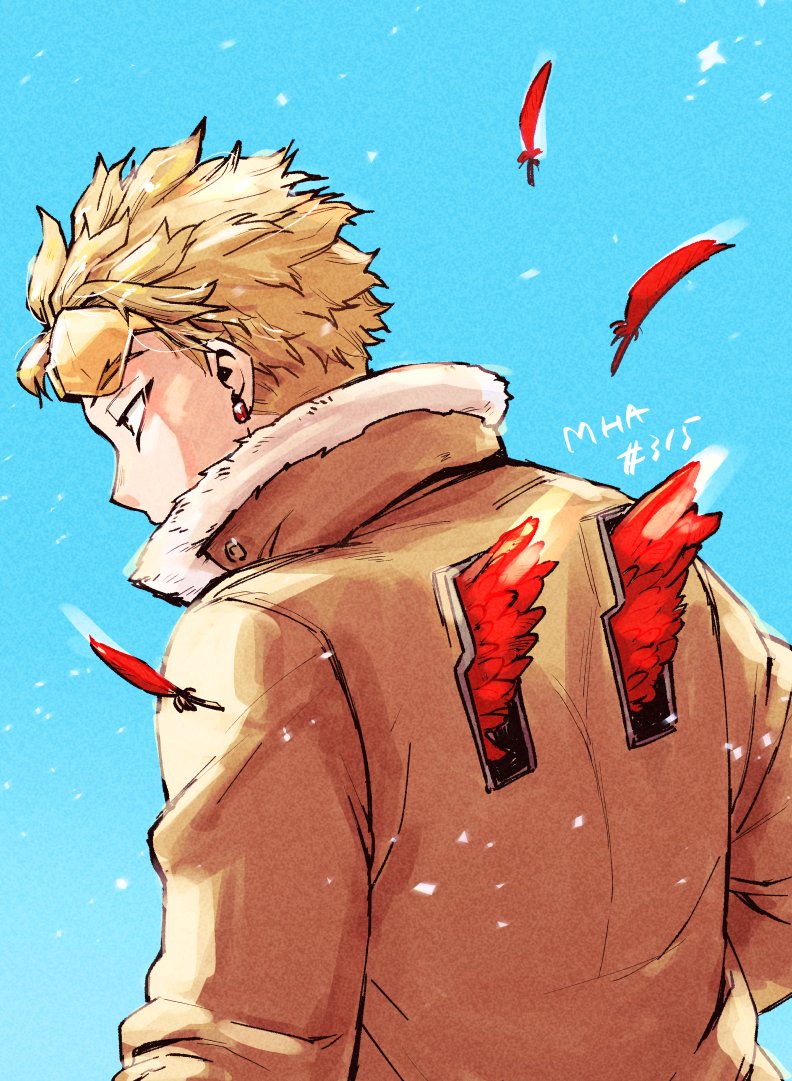 1boy back_cutout blonde_hair blue_background boku_no_hero_academia chapter_number clothing_cutout costume earrings eyewear_on_head falling_feathers feathered_wings from_behind fur-trimmed_jacket fur_trim hawks_(boku_no_hero_academia) head_down jacket jewelry looking_ahead male_focus mini_wings red_feathers rimless_eyewear sakanagi_(dc_saka) short_hair snow solo sparkle stud_earrings tinted_eyewear wings