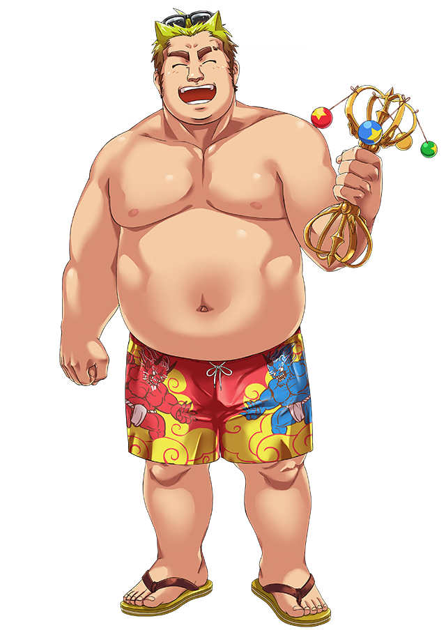 1boy alpha_transparency ammami8 blonde_hair brown_hair eyewear_on_head flip-flops gradient_hair long_sideburns male_focus male_swimwear motosumi_(housamo) multicolored_hair muscular muscular_male official_art open_mouth plump sandals scar short_hair sideburns smile sunglasses swim_trunks thick_eyebrows tokyo_afterschool_summoners transparent_background vajra_(object)
